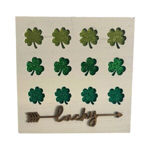 St Patrick’s Day White Green “Lucky” Shamrock Wall Decor Wooden Square Box 7 X 7